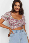 Flower Print Ruffle Trim Off-Shoulder Back Tie Blouse Lilac Blouses - Tophatter Daily Deals