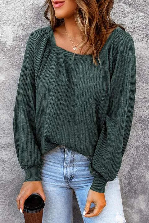 Square Neck Waffle-Knit Top Blouses - Tophatter Daily Deals