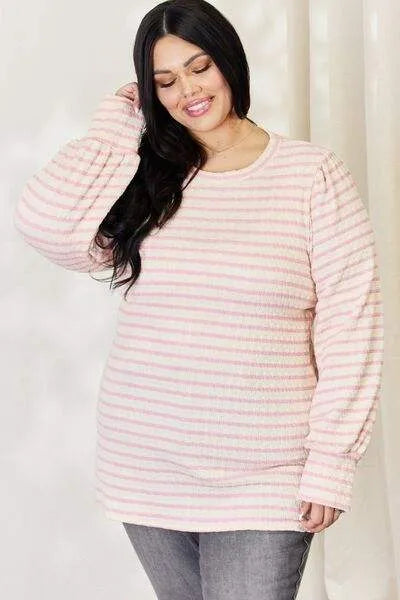 Celeste Full Size Long Bishop Sleeve Striped Top Blouses - Tophatter Daily Deals