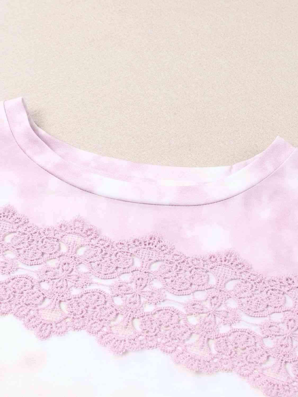 Tie-Dye Lace Trim Round Neck Top Blouses - Tophatter Daily Deals