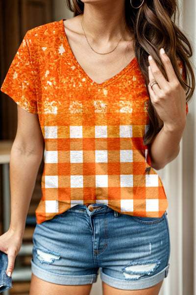 Checkered V-Neck Short Sleeve T-Shirt Pumpkin Women's T-Shirts - Tophatter Daily Deals