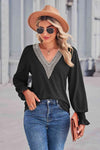 Contrast V-Neck Flounce Sleeve Top Blouses - Tophatter Daily Deals