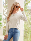 Buttoned Round Neck Long Sleeve T-Shirt Ivory Women's T-Shirts - Tophatter Daily Deals