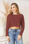 Full Size Long Sleeve Cropped Top Brick Red Blouses - Tophatter Daily Deals