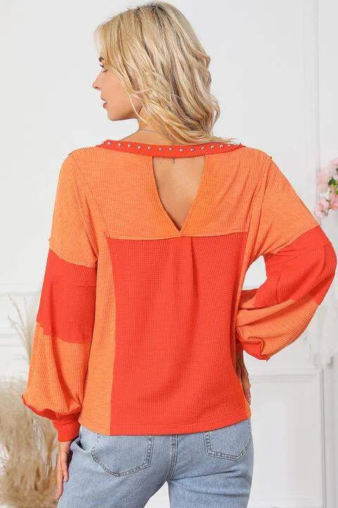 Color Block V-Neck Top Blouses - Tophatter Daily Deals
