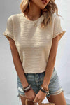 Textured Round Neck Short Sleeve Top Beige Blouses - Tophatter Daily Deals