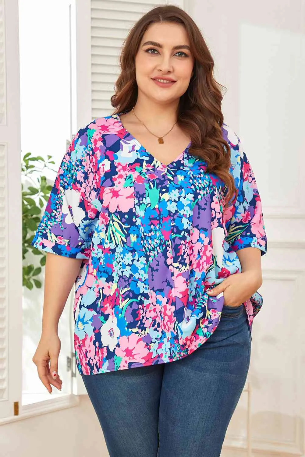 Floral Center Seam V-Neck Blouse Blouses - Tophatter Daily Deals