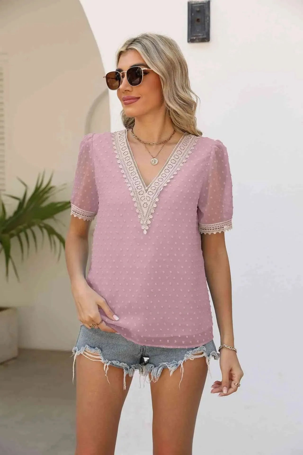 Contrast V-Neck Swiss Dot Top Blouses - Tophatter Daily Deals