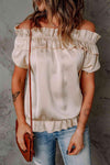 Ruffled Off-Shoulder Short Sleeve Top Cream Blouses - Tophatter Daily Deals