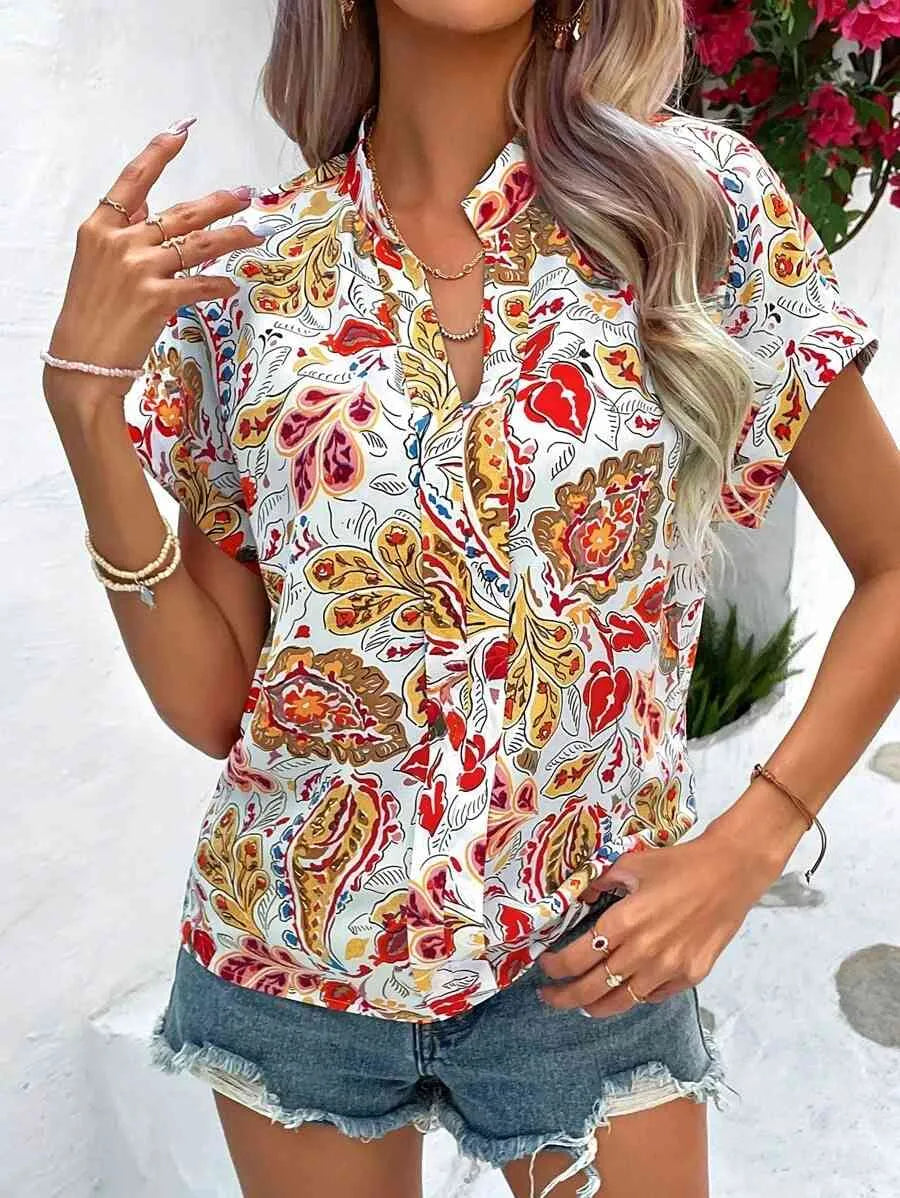 Printed Notched Neck Short Sleeve Blouse Blouses - Tophatter Daily Deals