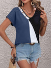 Color Block Decorative Button V-Neck Tee Women's T-Shirts - Tophatter Daily Deals