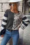 Leopard Striped Round Neck Long Sleeve Tee Gray Leopard Women's T-Shirts - Tophatter Daily Deals