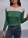 Lace Trim Long Sleeve Round Neck Tee Green Women's T-Shirts - Tophatter Daily Deals