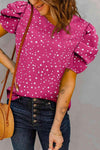 Polka Dot Round Neck Puff Sleeve Blouse Deep Rose Blouses - Tophatter Daily Deals