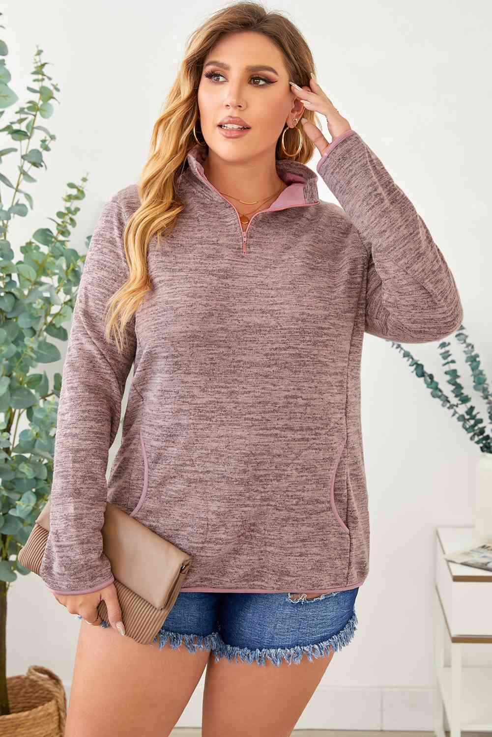 Plus Size Heathered Quarter Zip Pullover Pink Women's T-Shirts - Tophatter Daily Deals