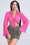 Tie Front Johnny Collar Flare Sleeve Cropped Top Hot Pink Blouses - Tophatter Daily Deals