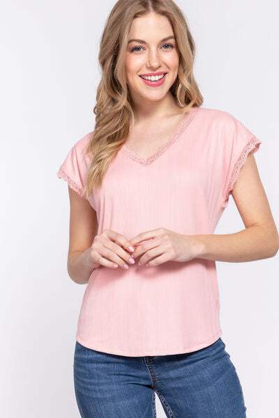 ACTIVE BASIC Lace Trim V-Neck Short Sleeve Ribbed Top PINK Blouses - Tophatter Daily Deals