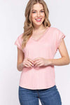 ACTIVE BASIC Lace Trim V-Neck Short Sleeve Ribbed Top PINK Blouses - Tophatter Daily Deals