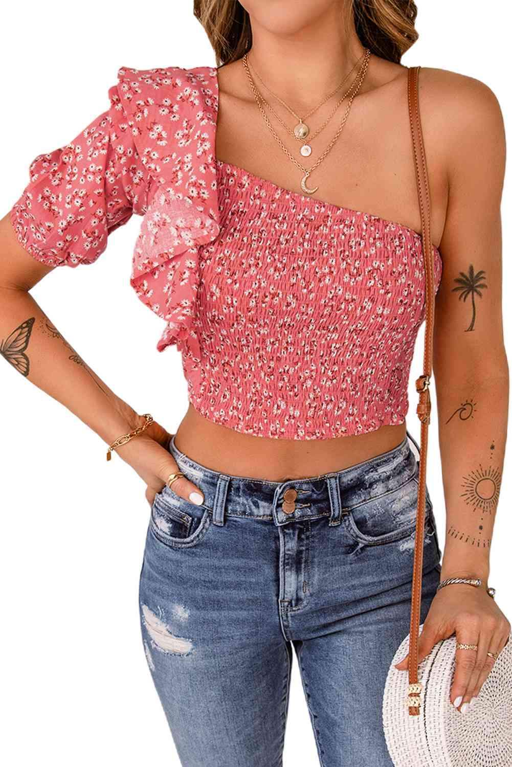 Ditsy Floral Ruffled One-Shoulder Smocked Top Blouses - Tophatter Daily Deals