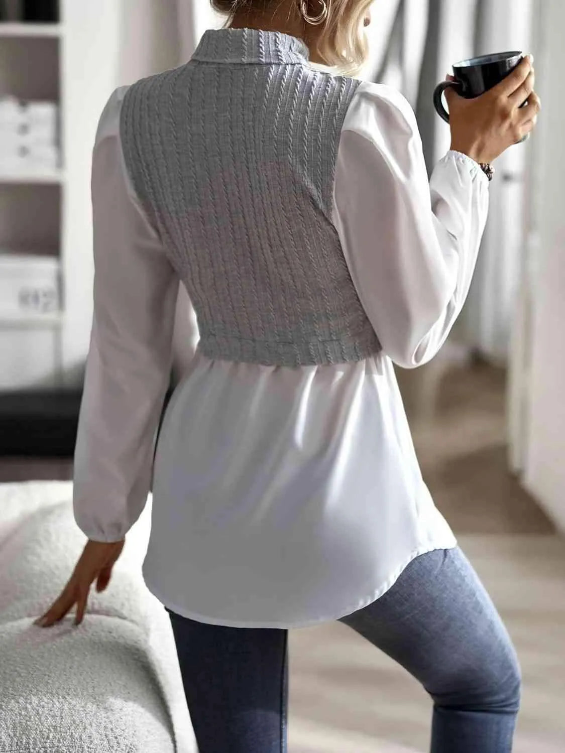 Contrast Cable-Knit Mock Neck Top Blouses - Tophatter Daily Deals