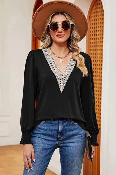 Lace Detail V-Neck Lantern Sleeve T-Shirt Women's T-Shirts - Tophatter Daily Deals