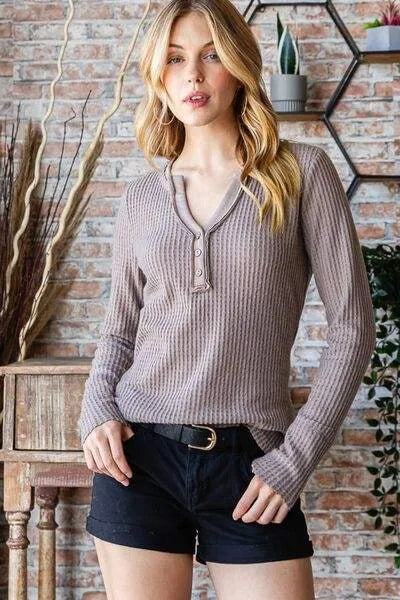 Reborn J Waffle Knit Notched Long Sleeve Top MOCHA Blouses - Tophatter Daily Deals