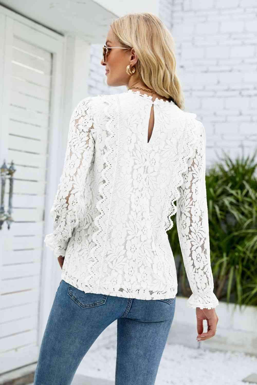 V-Neck Flounce Sleeve Lace Top Women's T-Shirts - Tophatter Daily Deals