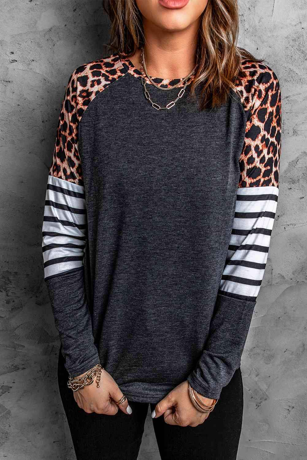 Leopard Striped Raglan Sleeve Top Women's T-Shirts - Tophatter Daily Deals