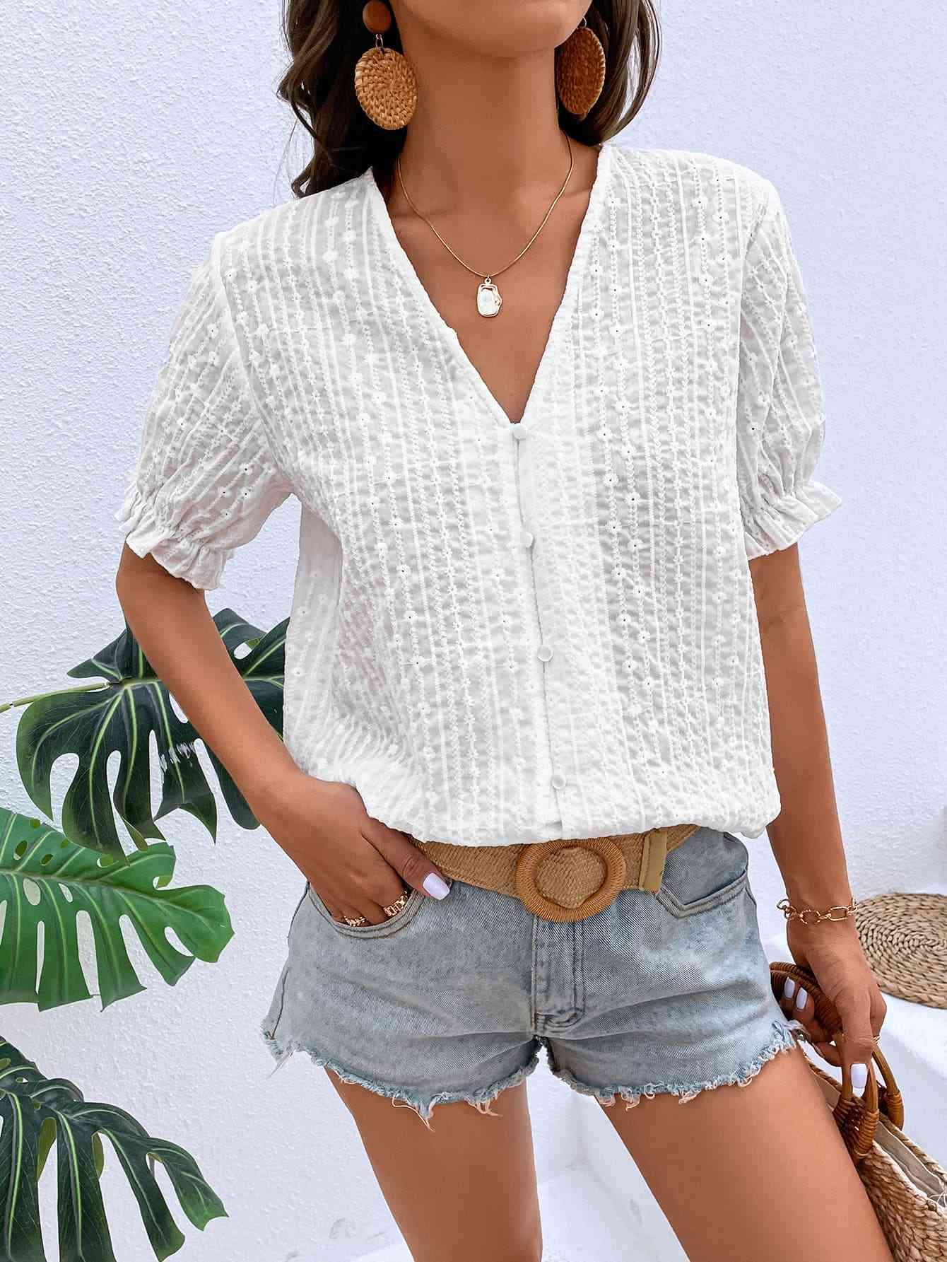 Buttoned V-Neck Flounce Sleeve Top White Blouses - Tophatter Daily Deals