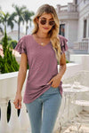 Eyelet Layered Flutter Sleeve V-Neck Top Blouses - Tophatter Daily Deals