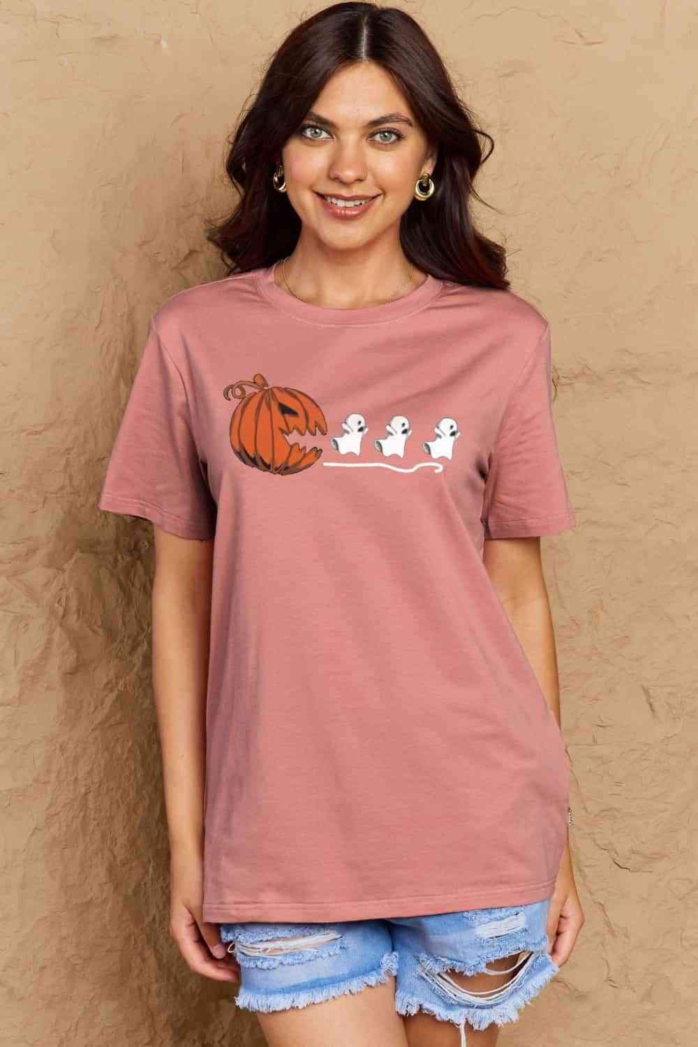 Simply Love Full Size Jack-O'-Lantern Graphic Cotton T-Shirt Dusty Pink Women's T-Shirts - Tophatter Daily Deals