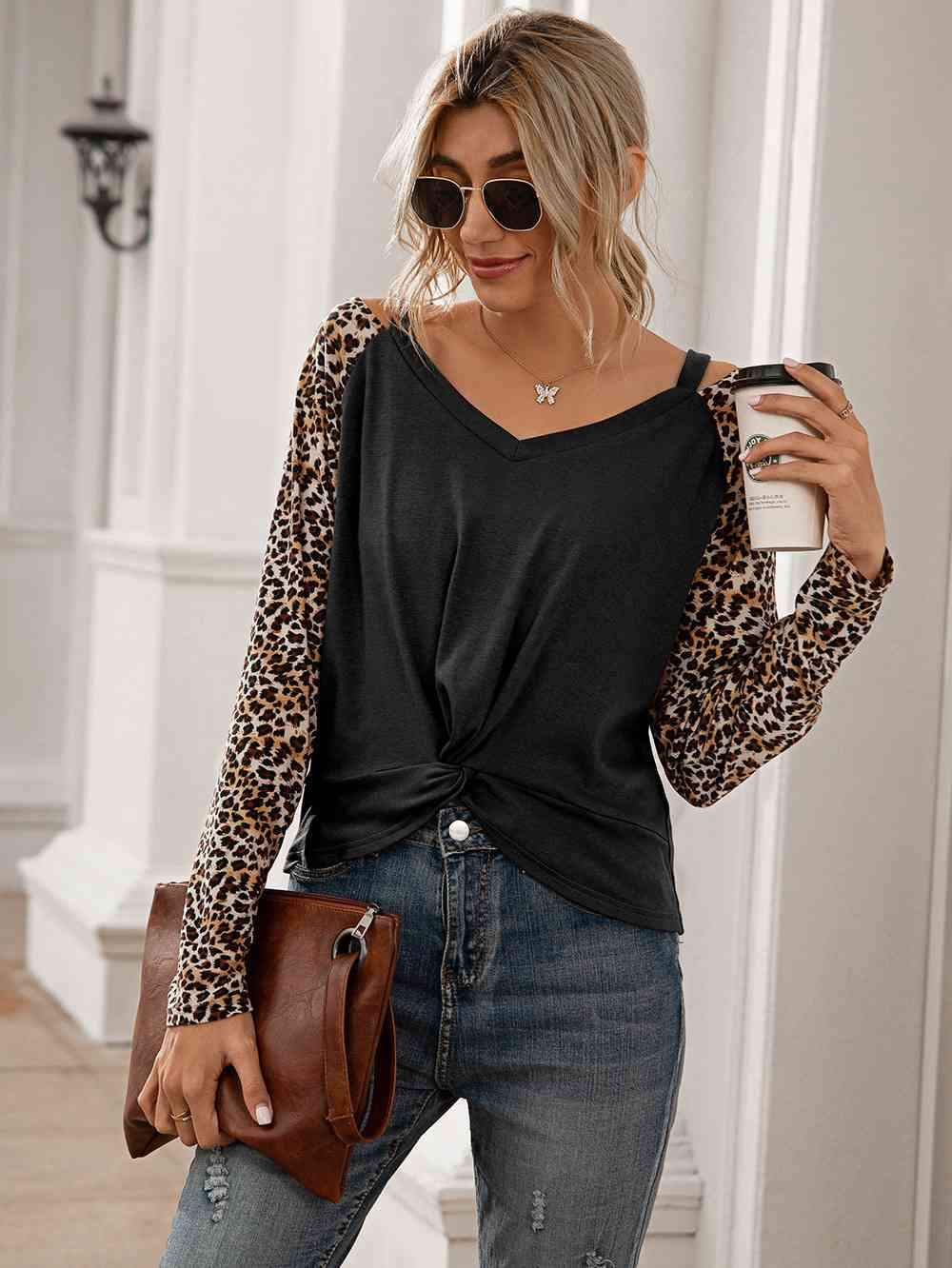 Leopard Twist Front Cold-Shoulder Tee Women's T-Shirts - Tophatter Daily Deals