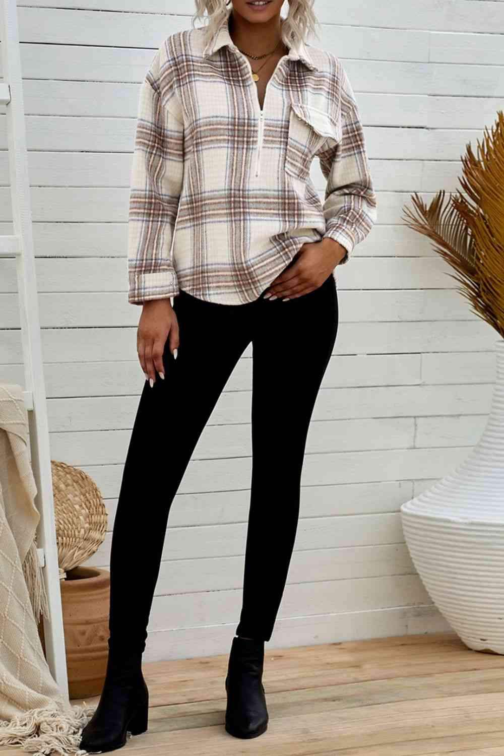 Double Take Plaid Half-Zip Collared Curved Hem Sweatshirt Blouses - Tophatter Daily Deals