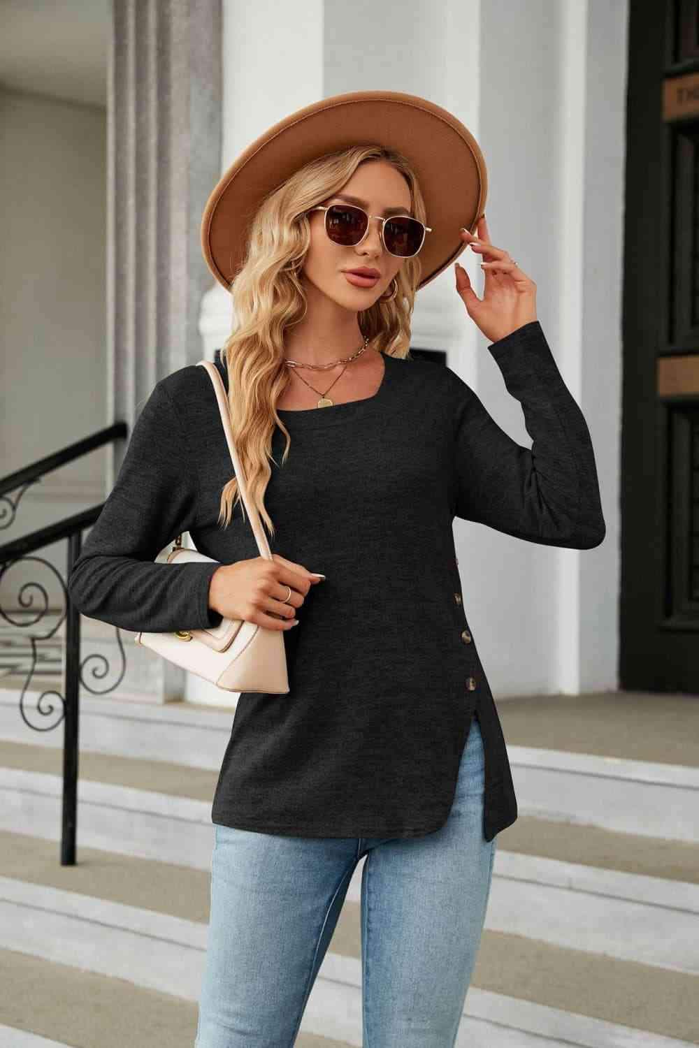 Square Neck Long Sleeve Slit T-Shirt Black Women's T-Shirts - Tophatter Daily Deals