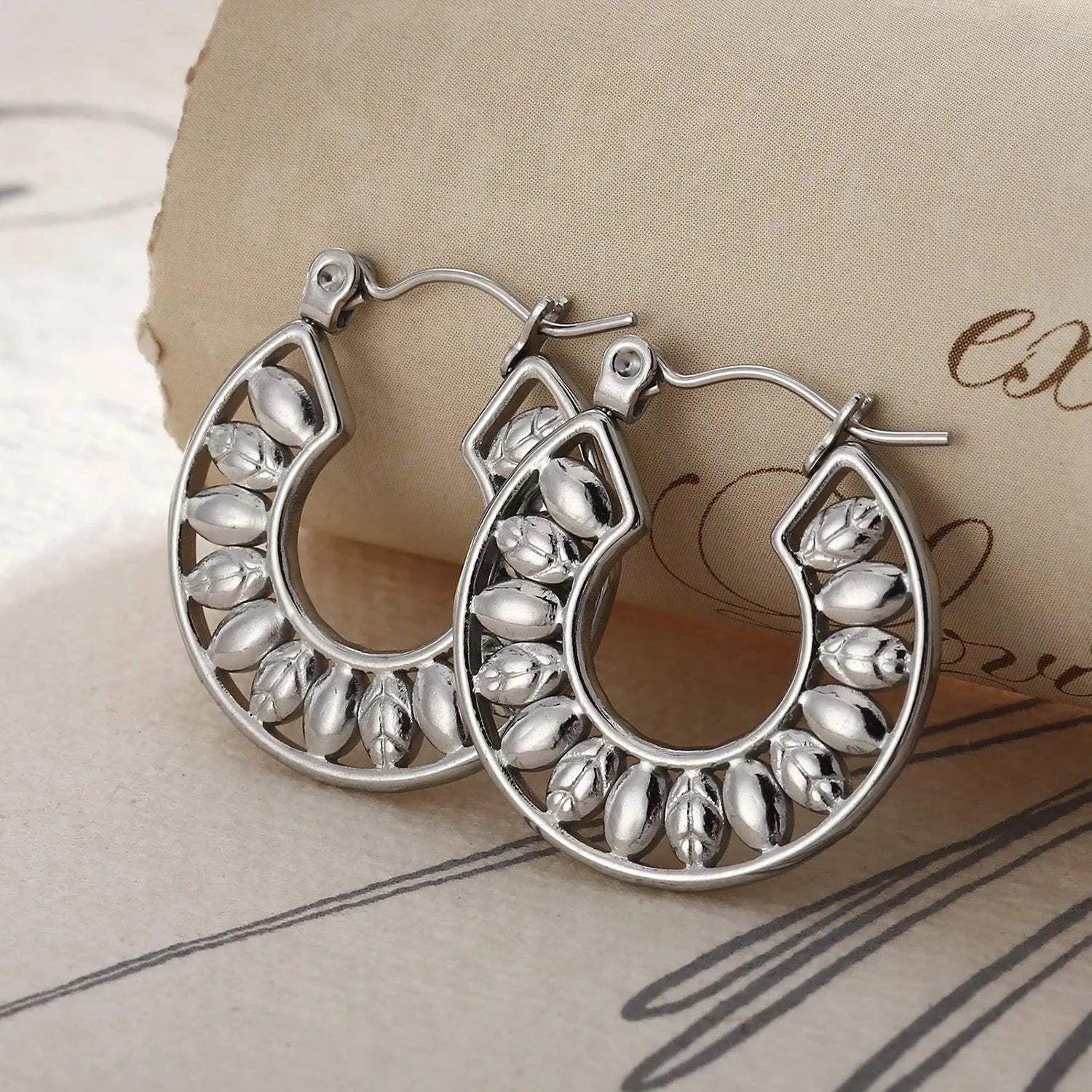 Stainless Steel Cutout Leaf Shape Huggie Earrings Silver One Size Earrings - Tophatter Daily Deals