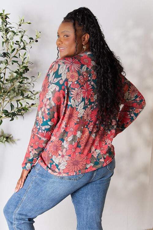 Hopely Full Size Floral Print V-Neck Long Sleeve Blouse Blouses - Tophatter Daily Deals