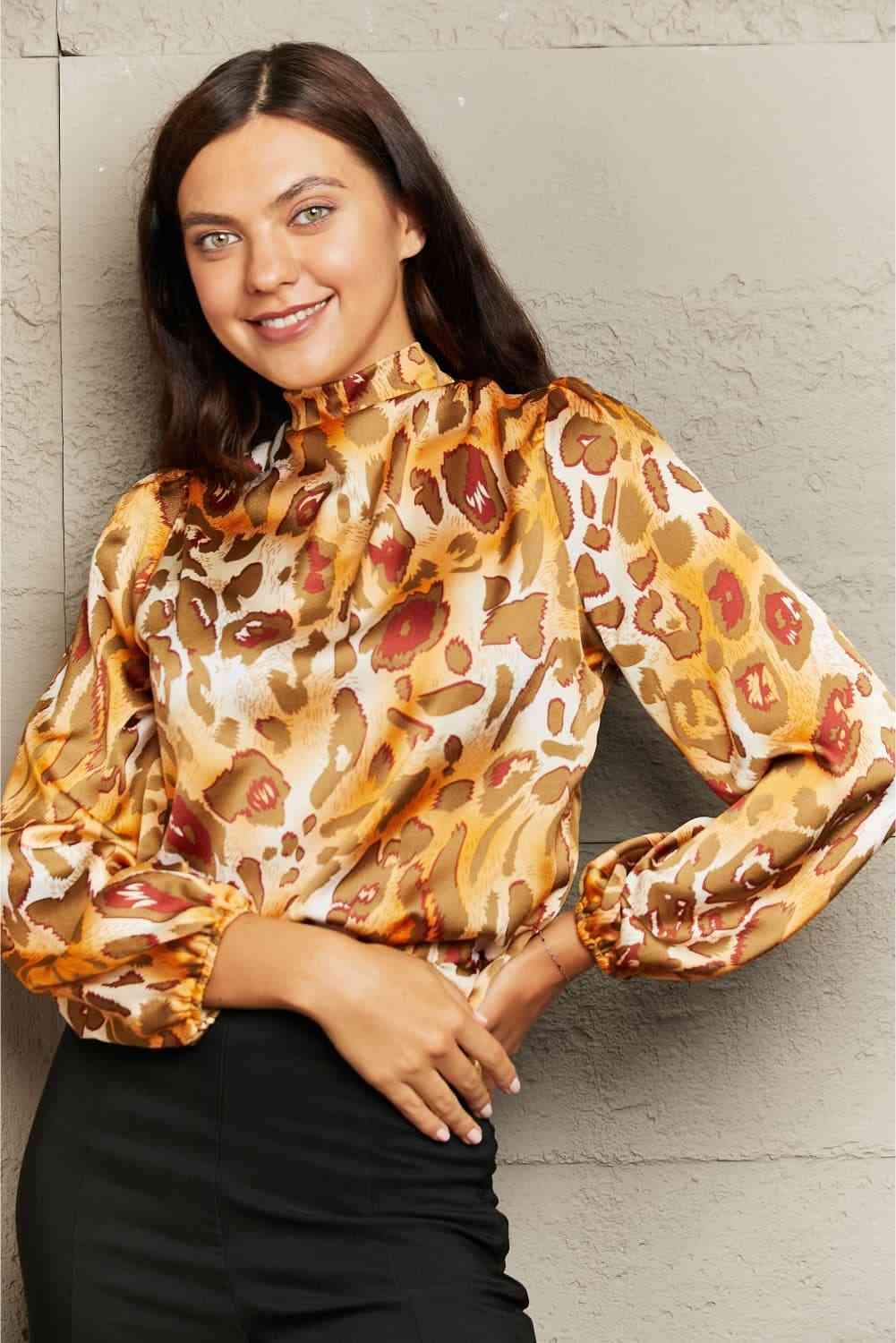 Printed Mock Neck Long Sleeve Blouse Blouses - Tophatter Daily Deals