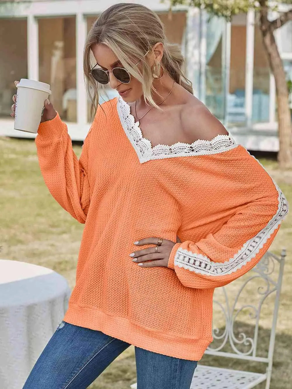 Contrast Spliced Lace V-Neck Top Blouses - Tophatter Daily Deals