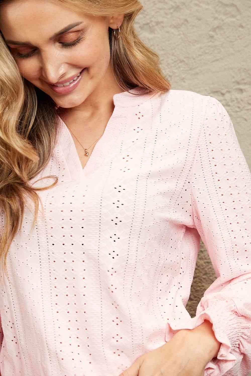 Double Take Eyelet Notched Neck Flounce Sleeve Blouse Blouses - Tophatter Daily Deals