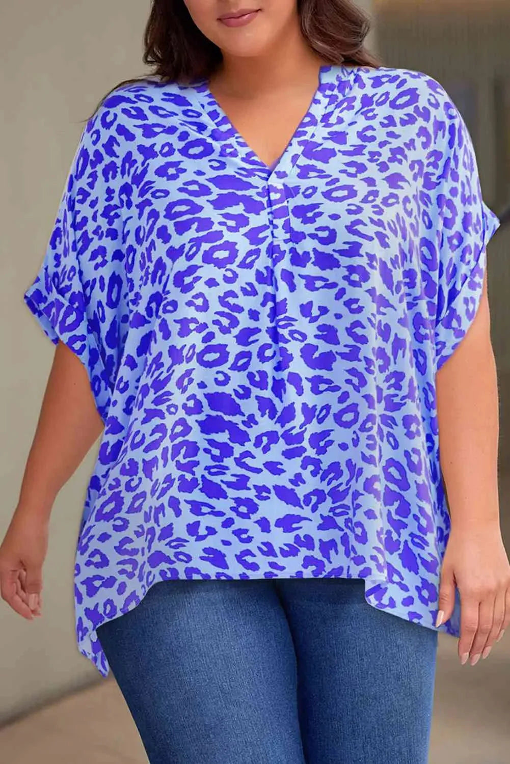 Plus Size Printed Notched Neck Half Sleeve Top Women's T-Shirts - Tophatter Daily Deals