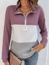 Double Take Color Block Dropped Shoulder Waffle-Knit Zipper Front Blouse Moonlit Mauve Blouses - Tophatter Daily Deals