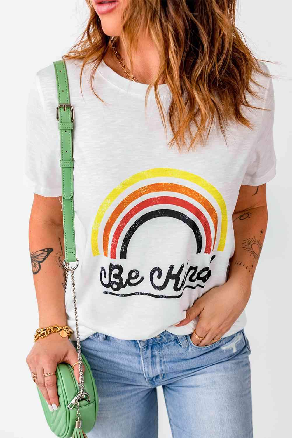 Rainbow Graphic Round Neck Short Sleeve Tee Women's T-Shirts - Tophatter Daily Deals