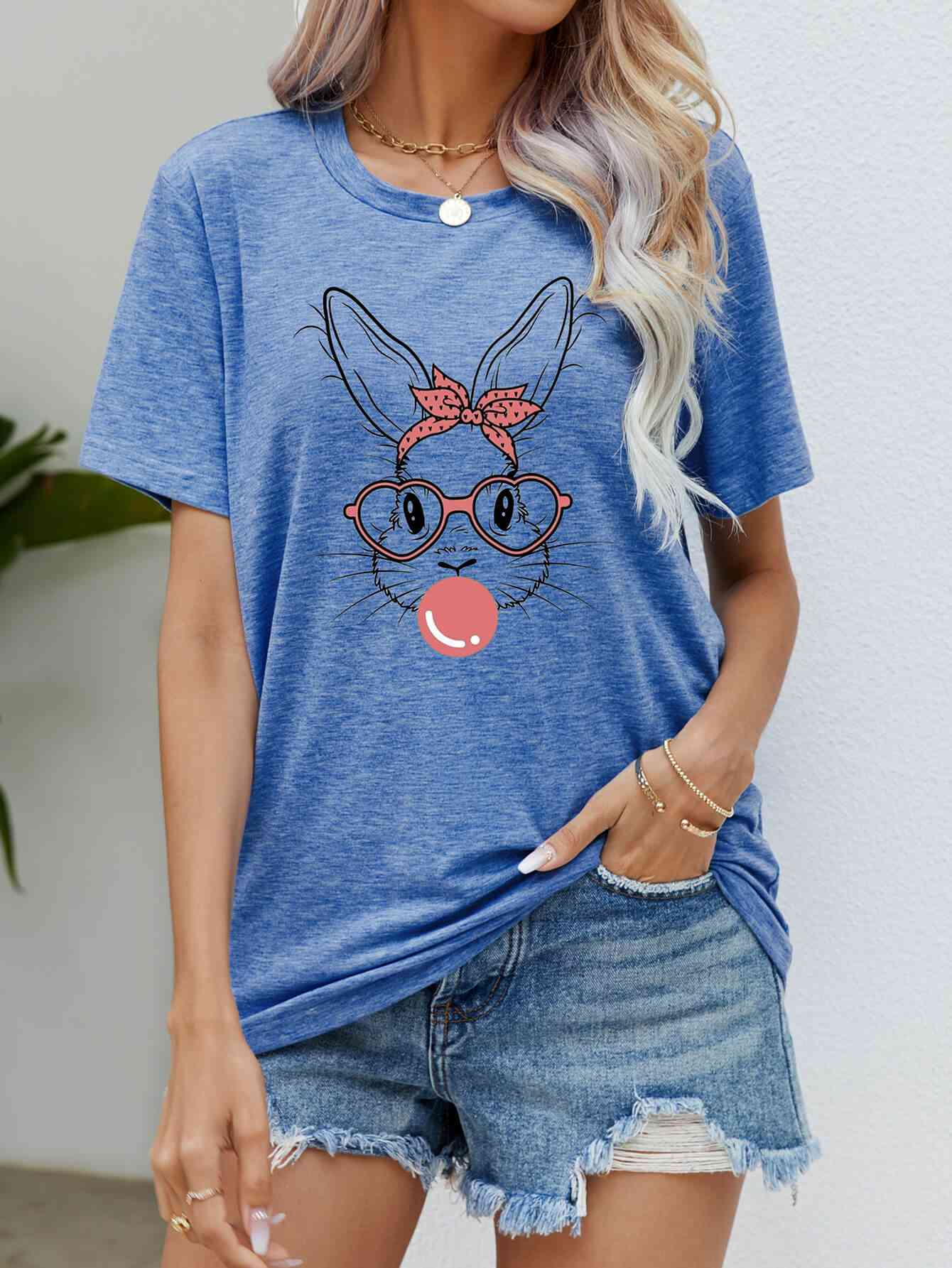 Easter Bunny Graphic Round Neck T-Shirt Women's T-Shirts - Tophatter Daily Deals