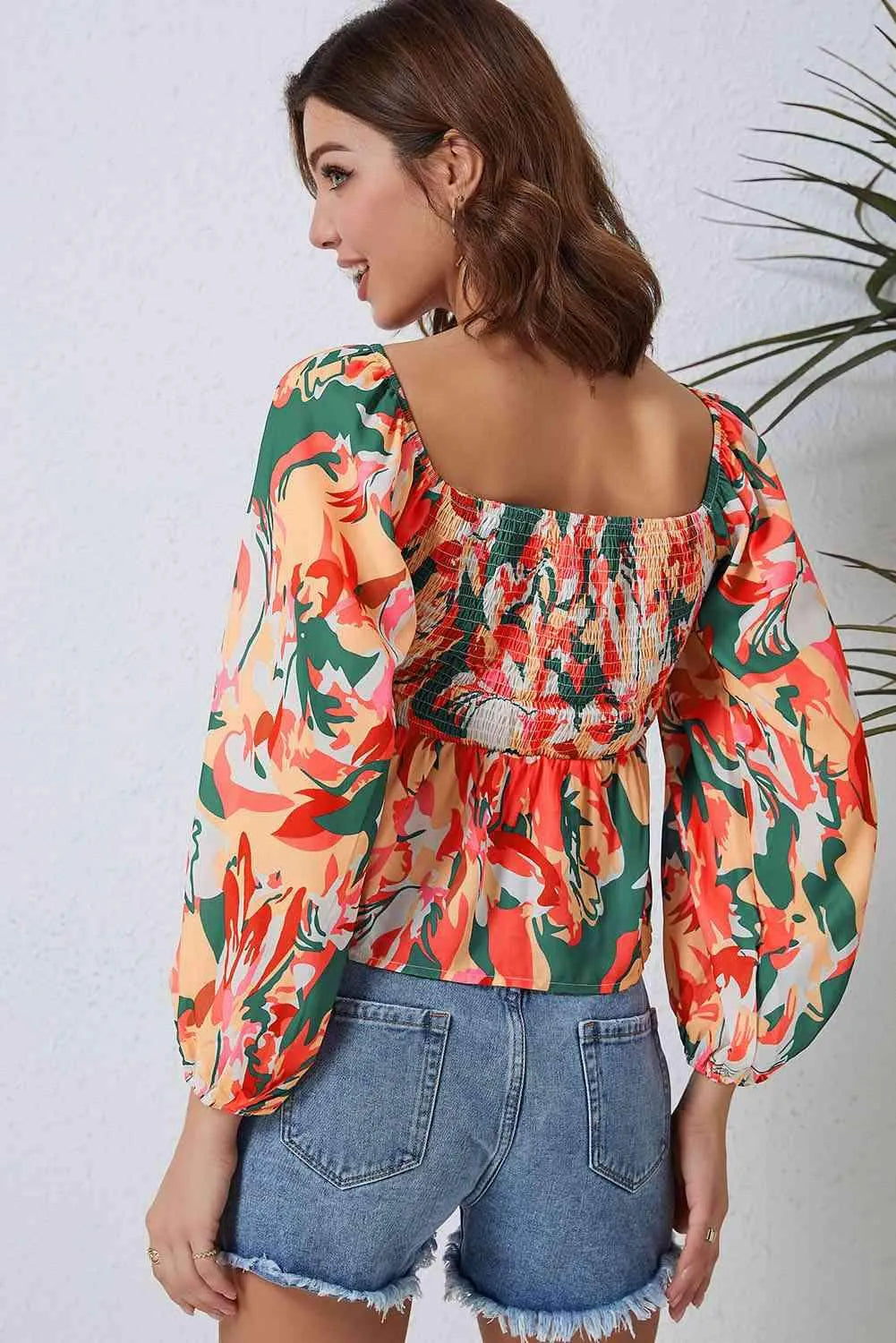 Multicolored Square Neck Smocked Babydoll Blouse Blouses - Tophatter Daily Deals