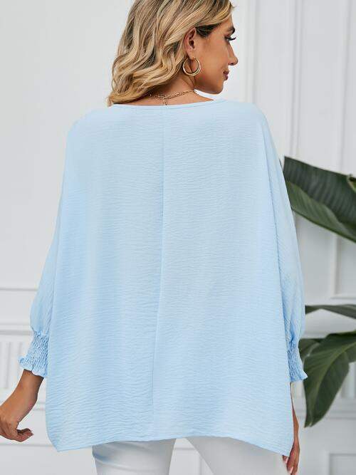 Smocked Lantern Sleeve Round Neck Blouse Blouses - Tophatter Daily Deals