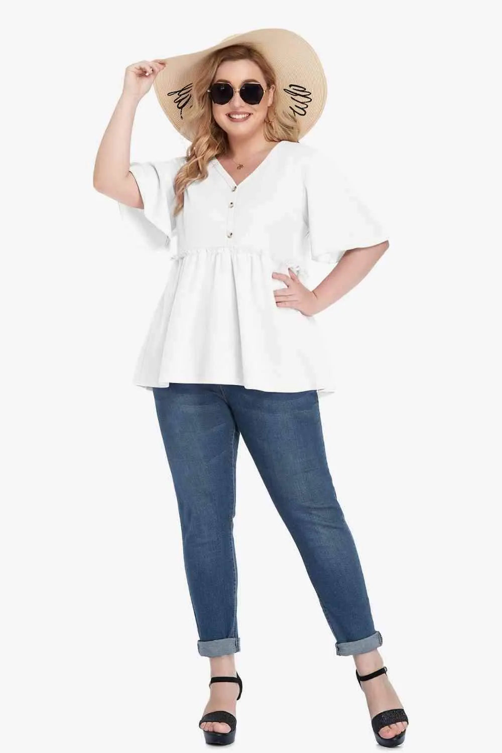 Plus Size Buttoned V-Neck Frill Trim Babydoll Blouse Blouses - Tophatter Daily Deals