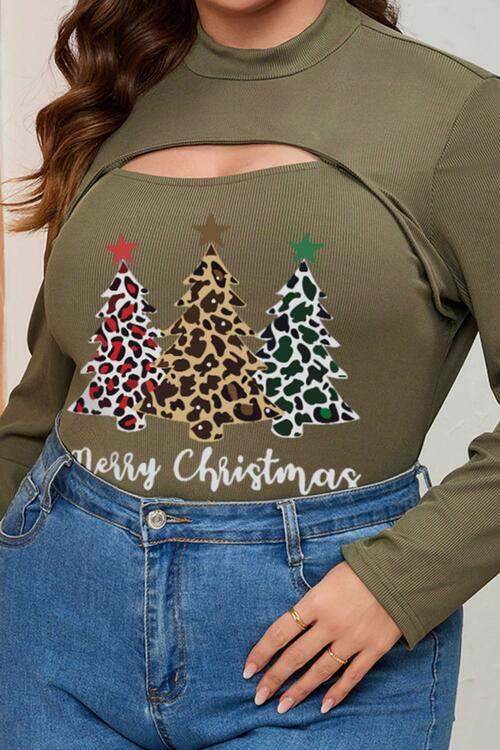 Plus Size Christmas Tree Graphic Cutout Round Neck Long Sleeve Blouse Blouses - Tophatter Daily Deals