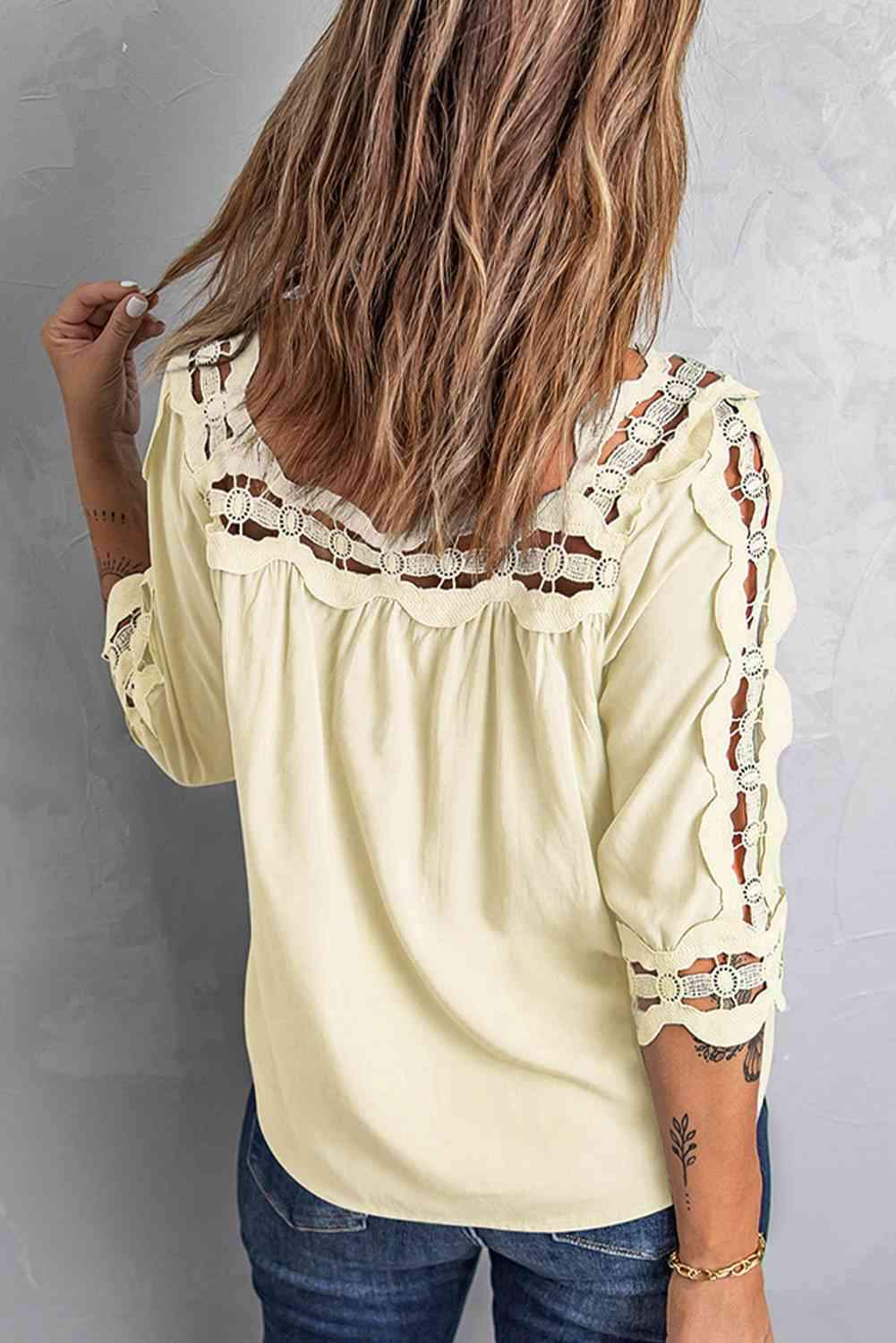 Crochet Openwork Three-Quarter Sleeve Blouse Blouses - Tophatter Daily Deals