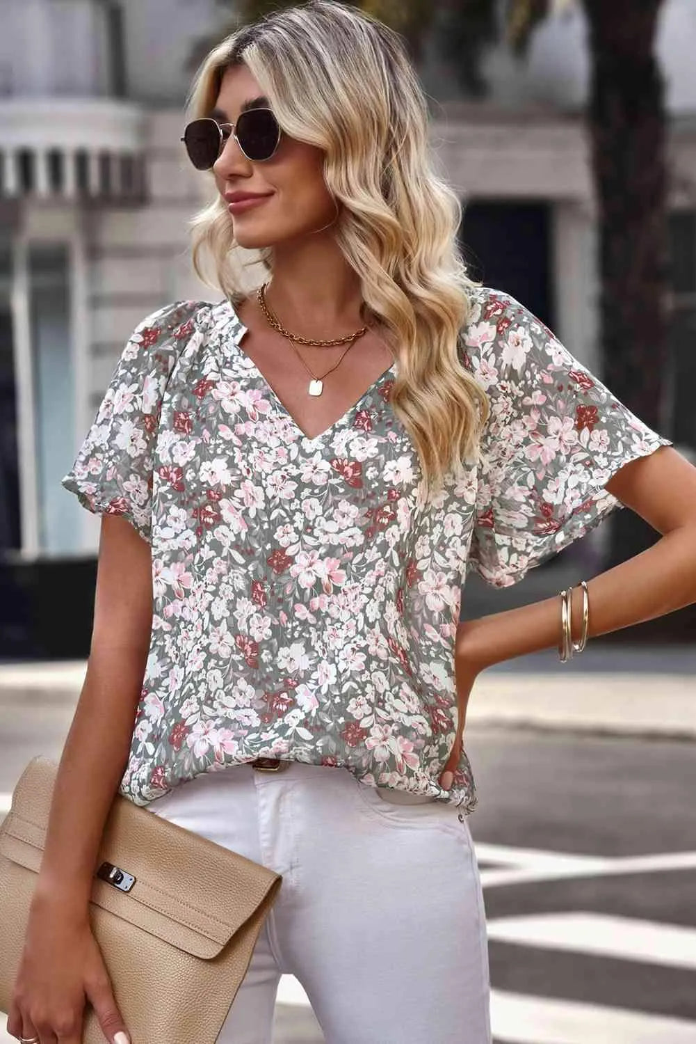 Floral Notched Neck Flutter Sleeve Blouse Blouses - Tophatter Daily Deals
