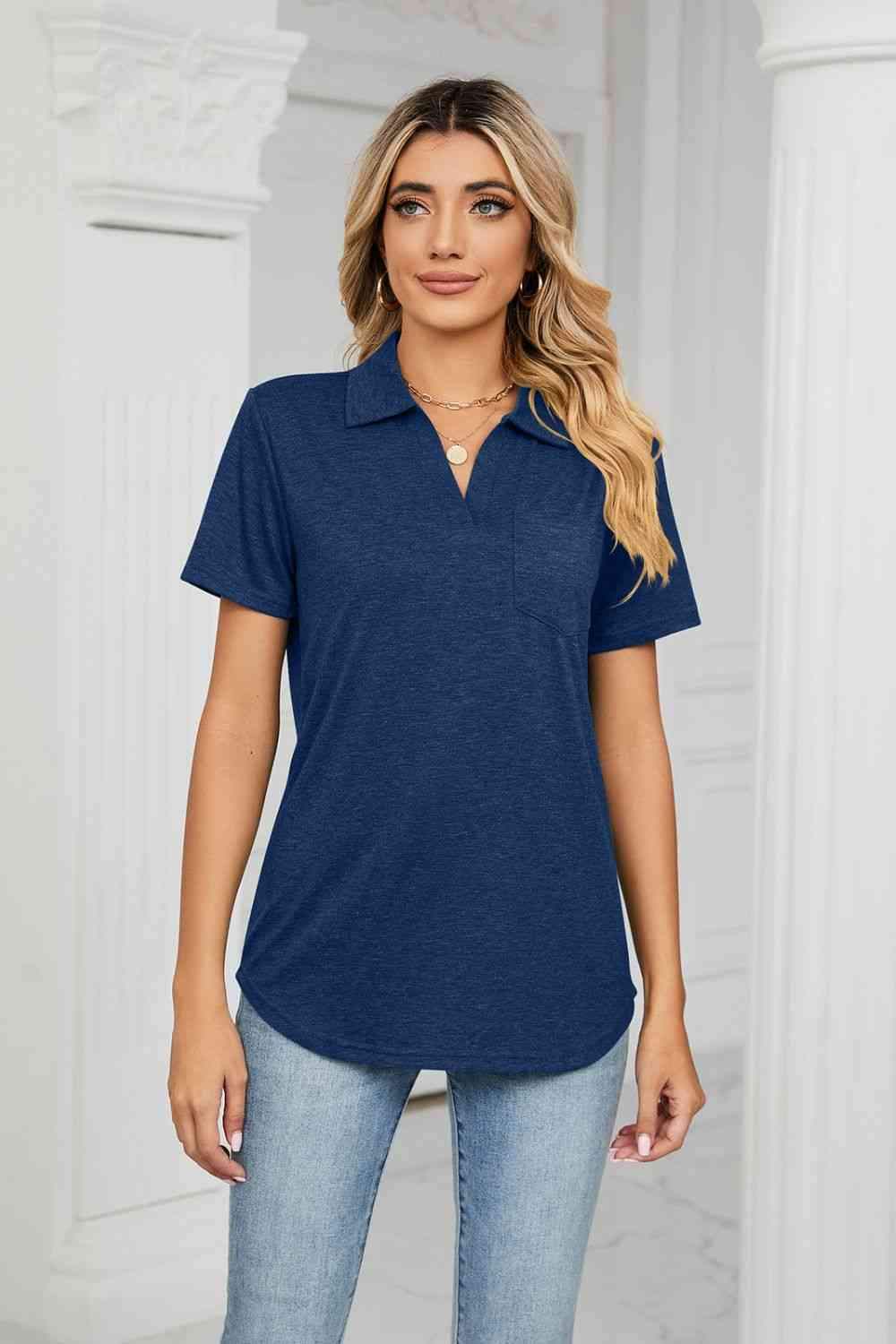 Curved Hem Johnny Collar Polo Shirt Navy Blouses - Tophatter Daily Deals